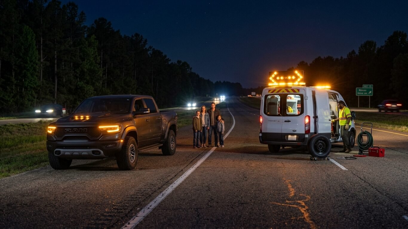 Nighttime flat tire service Petal MS helping a stranded vehicle safely off the road