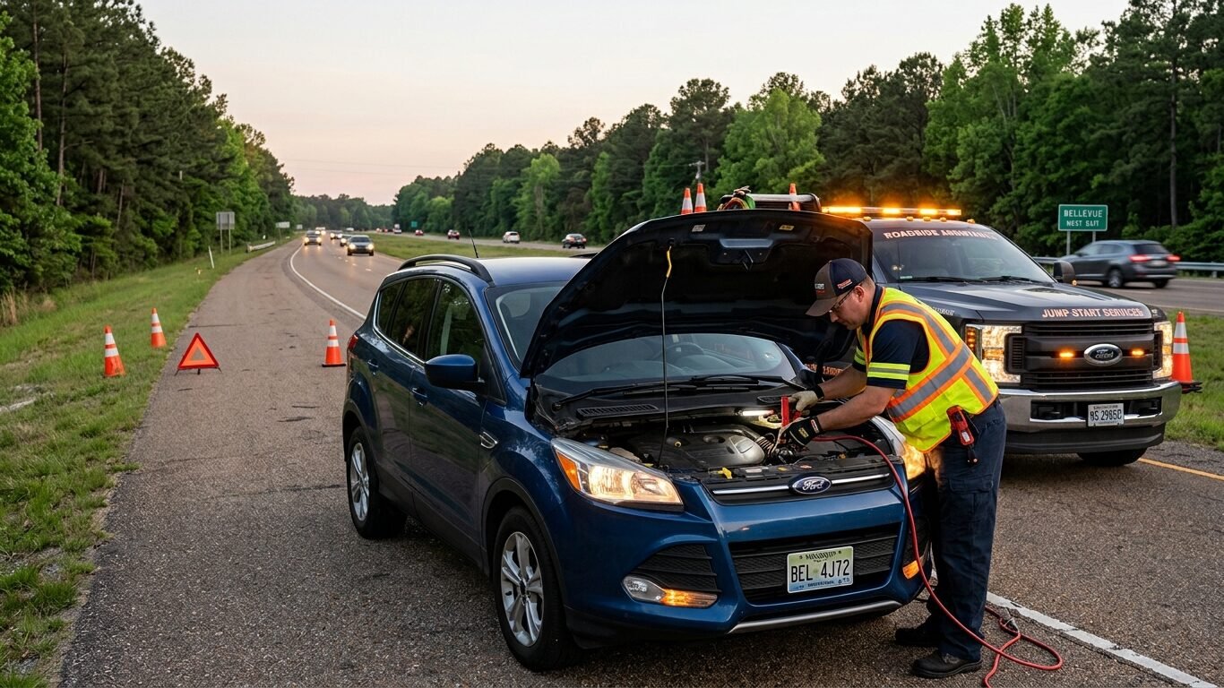 Emergency jump start service Bellevue MS assisting a stranded SUV