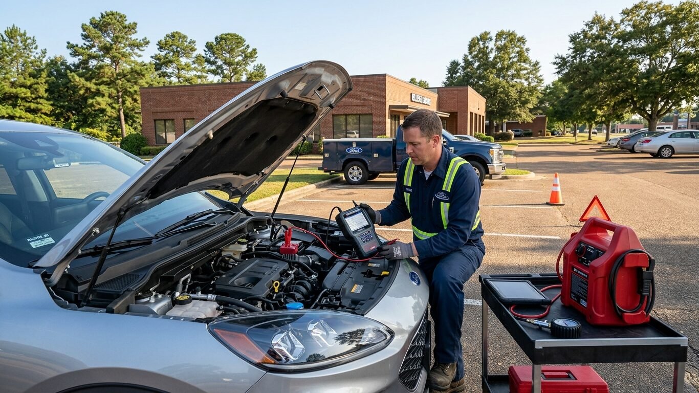 Jump start service Bellevue MS technician checking a car battery