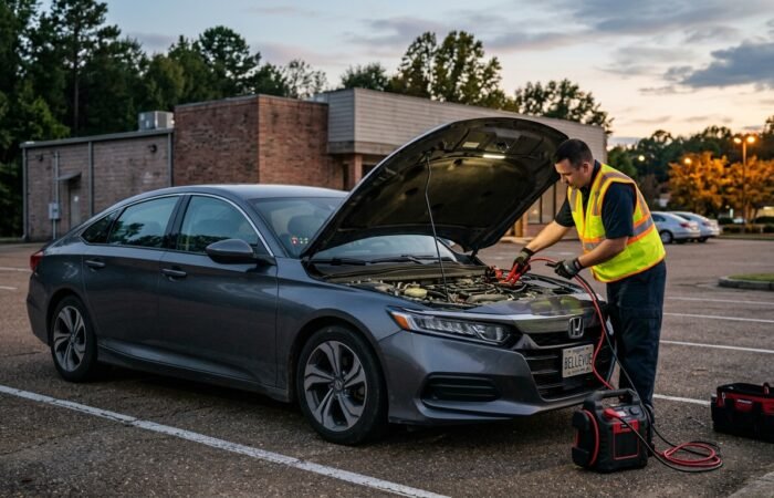 Jump start service Bellevue MS helping a car with a dead battery