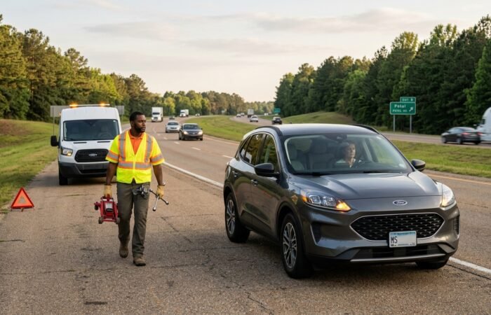 Professional flat tire service Petal MS helping a driver safely on a roadside shoulder