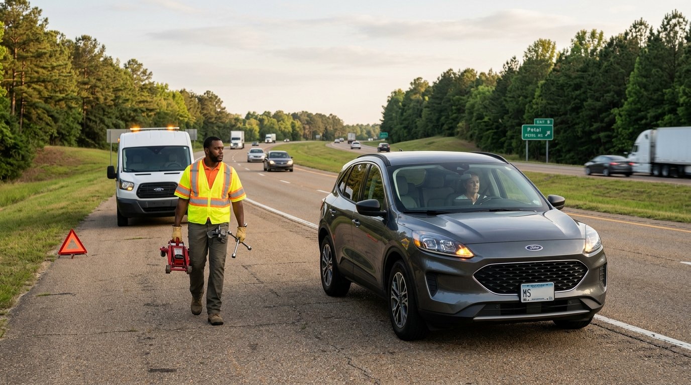 Professional flat tire service Petal MS helping a driver safely on a roadside shoulder