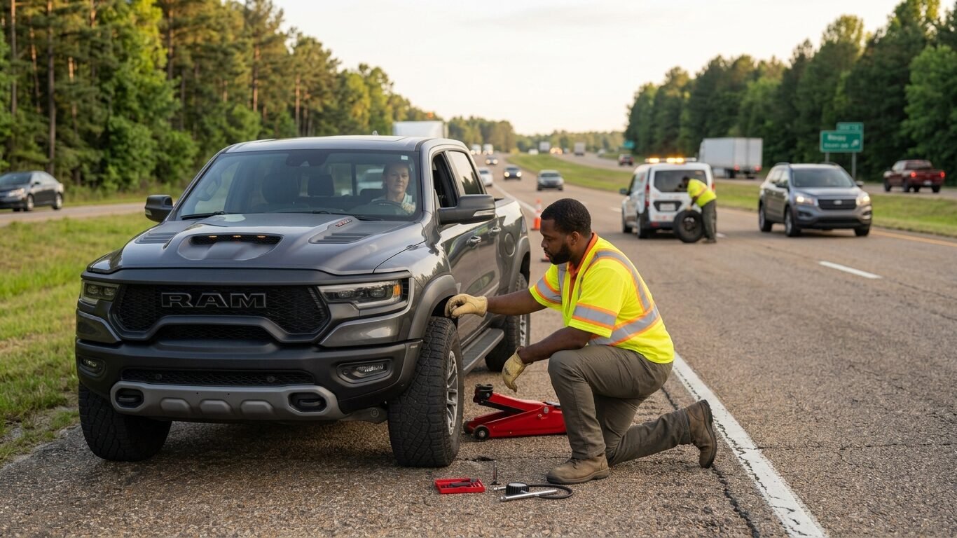 Technician providing flat tire service Petal MS and inspecting a damaged vehicle tire