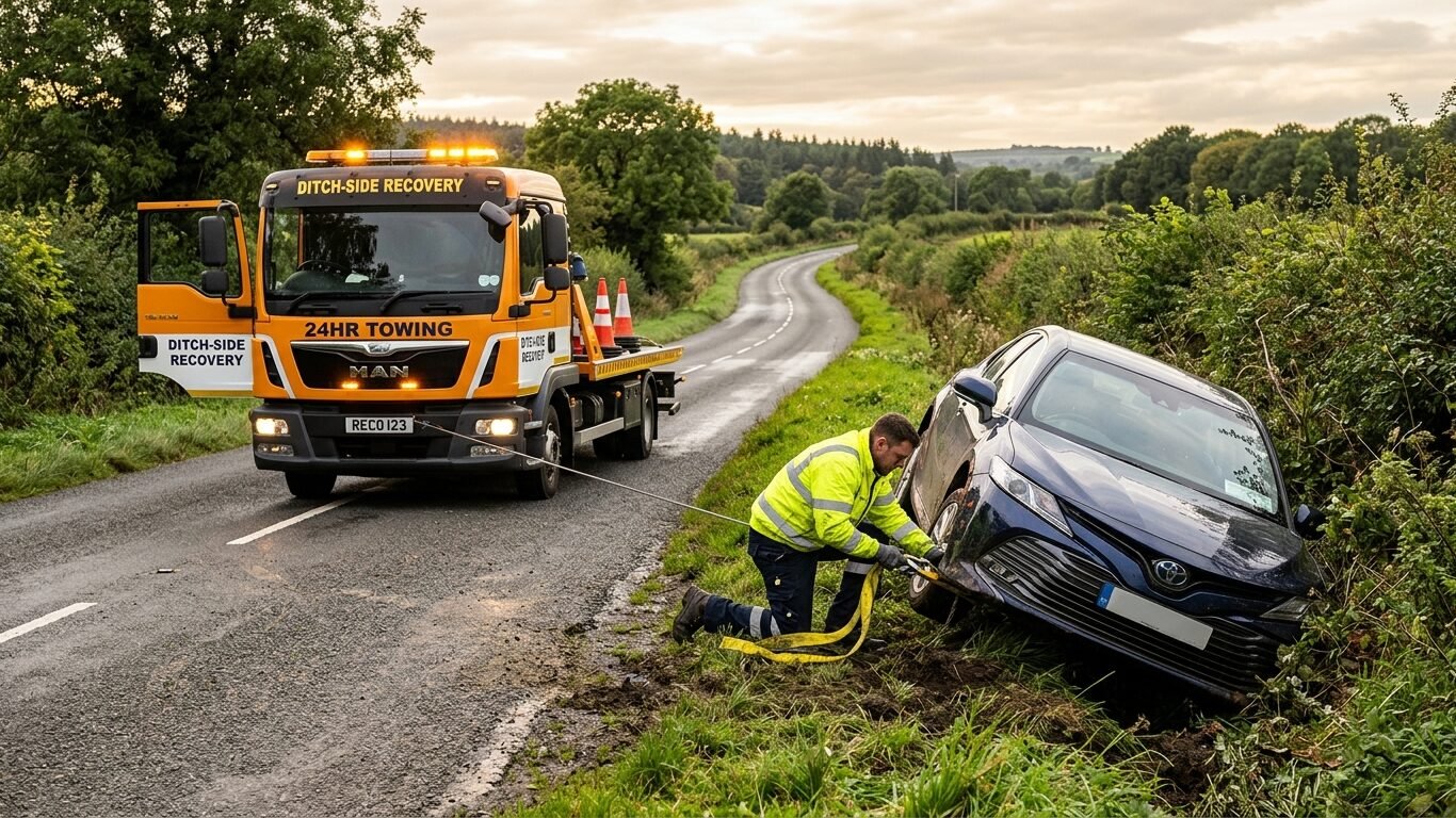 Winch out service Purvis, MS technician recovering a car from a roadside ditch