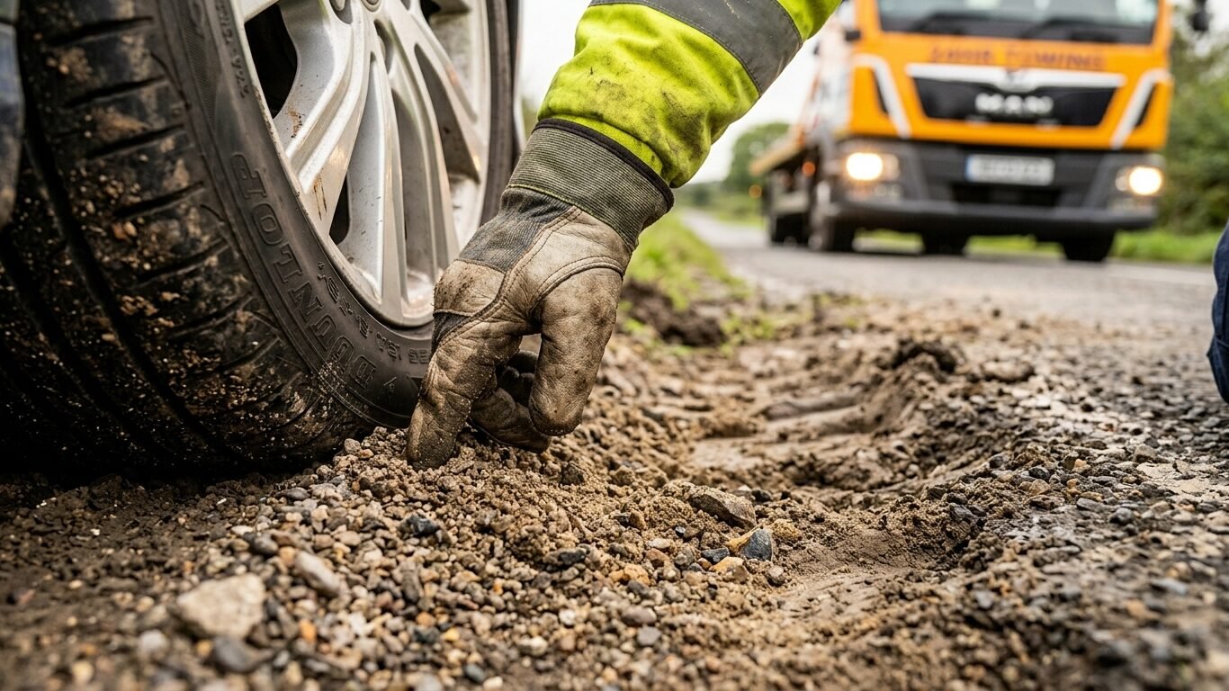 Winch out service Purvis, MS technician inspecting a vehicle stuck on soft gravel ground