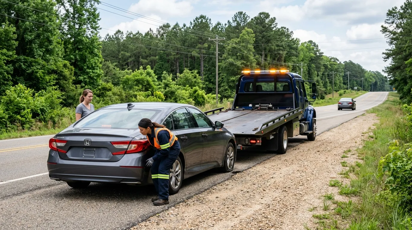 Tow truck New Augusta, MS providing roadside assistance to a stranded car.